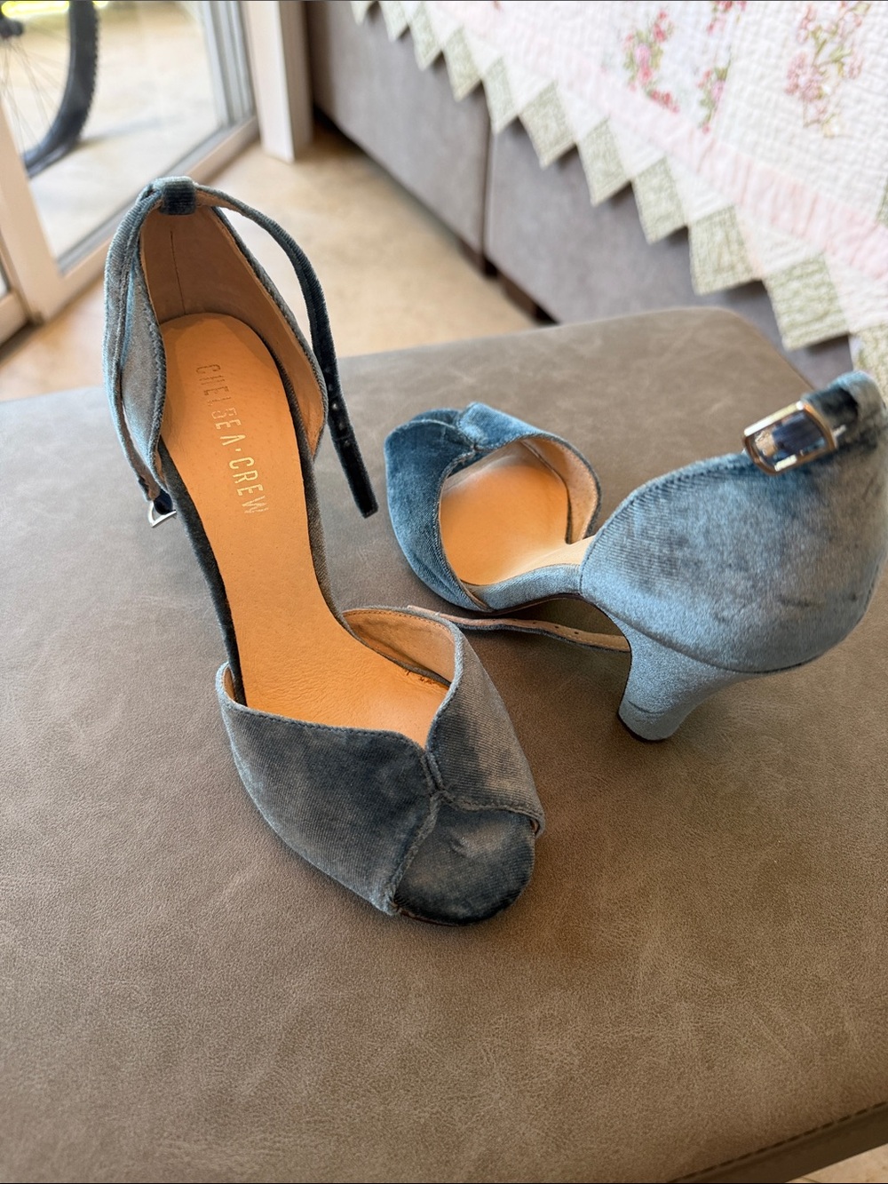 chelsea crew teal velvet peep-toe ankle strap heels